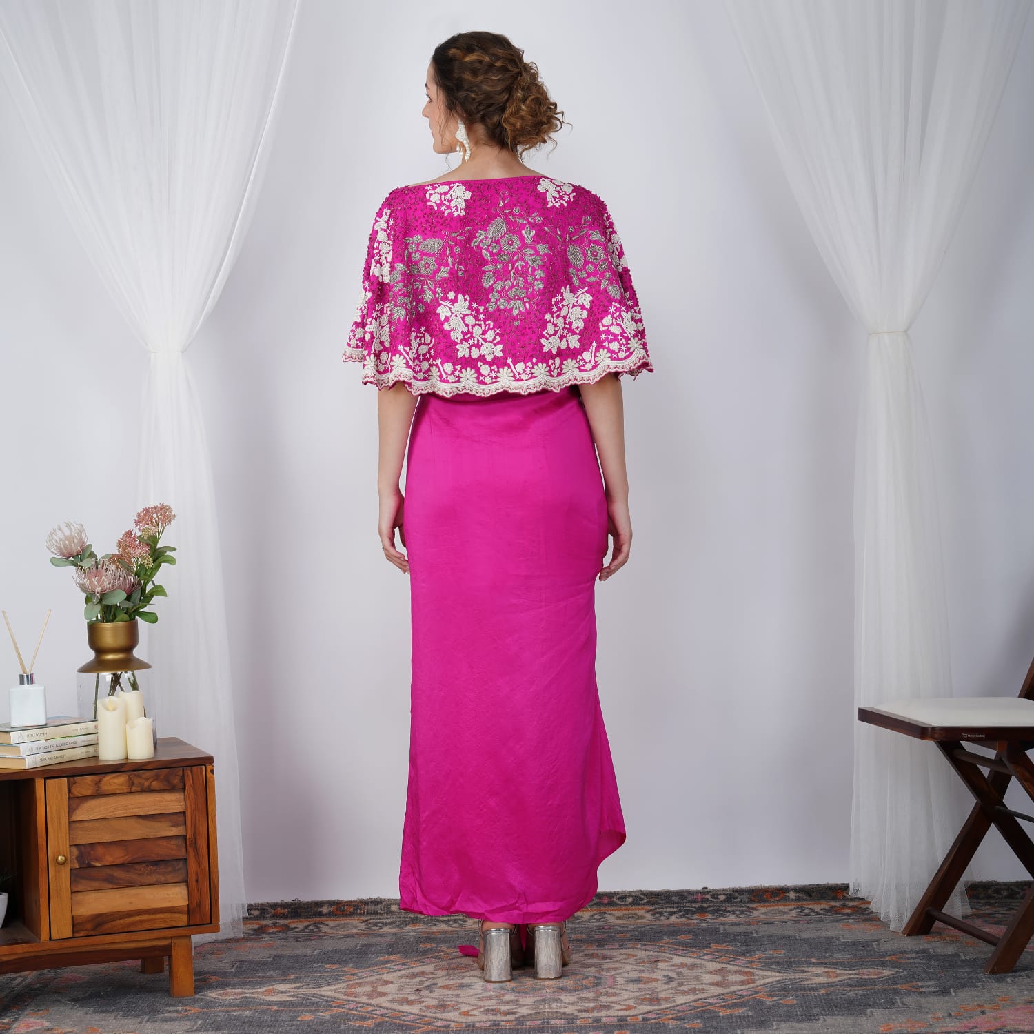 Fusia Pink Pearl-Embroidered Zardozi Cape