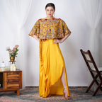 Yellow Pearl-Embroidered Zardozi Cape with silk skirt front view