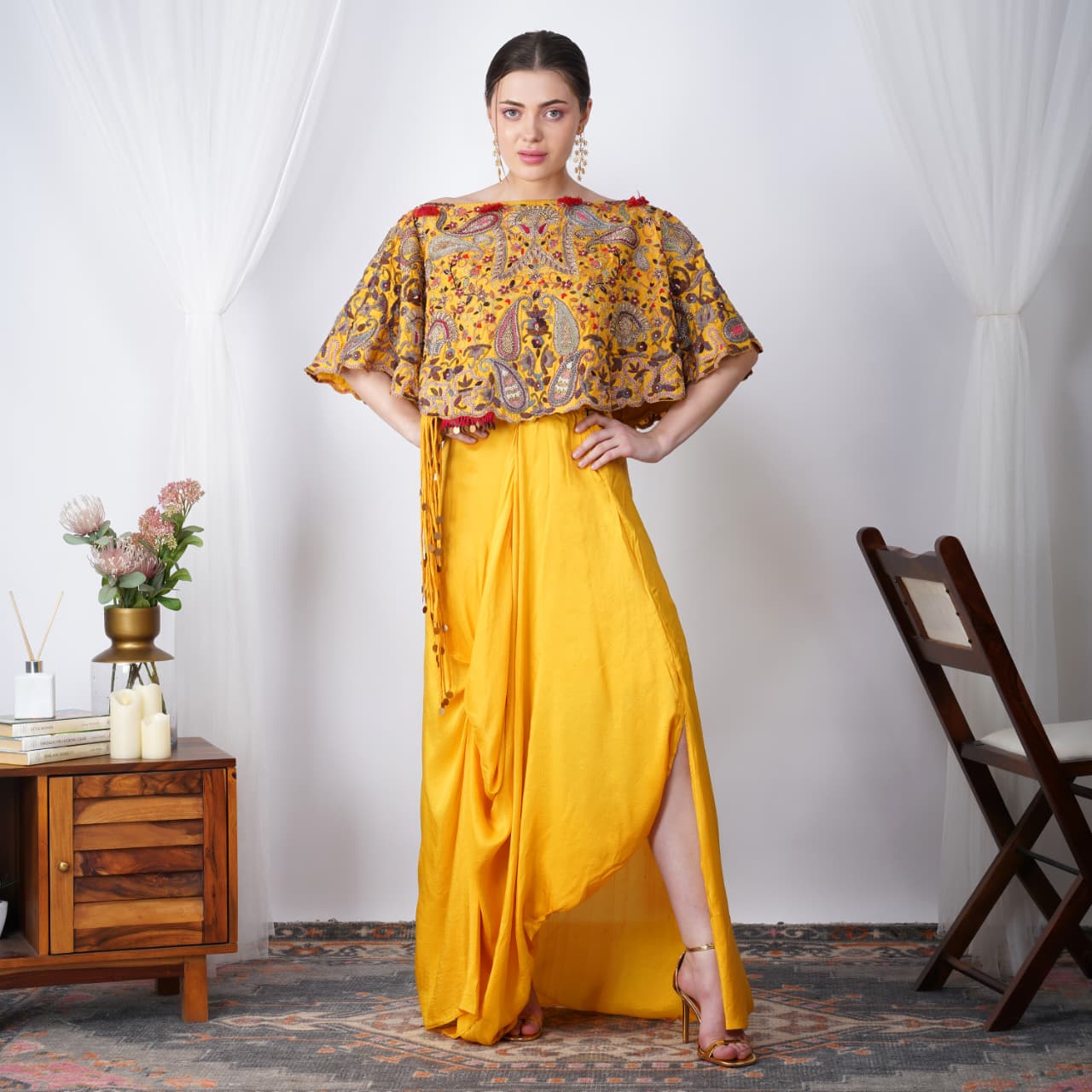 Yellow Pearl-Embroidered Zardozi Cape with silk skirt front view