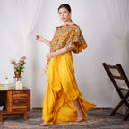 Yellow Pearl-Embroidered Zardozi Cape with silk skirt full outfit