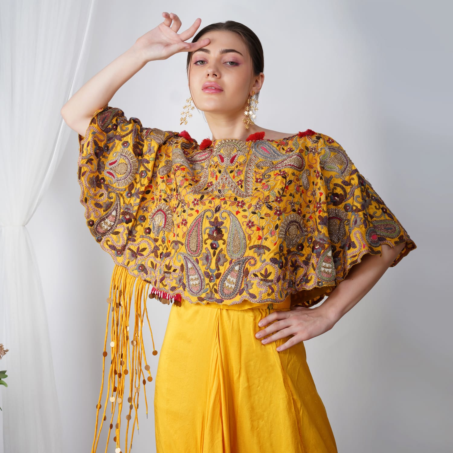 Close-up of Yellow Pearl-Embroidered Zardozi Cape embroidery