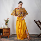 Back view of Yellow Pearl-Embroidered Zardozi Cape with silk skirt